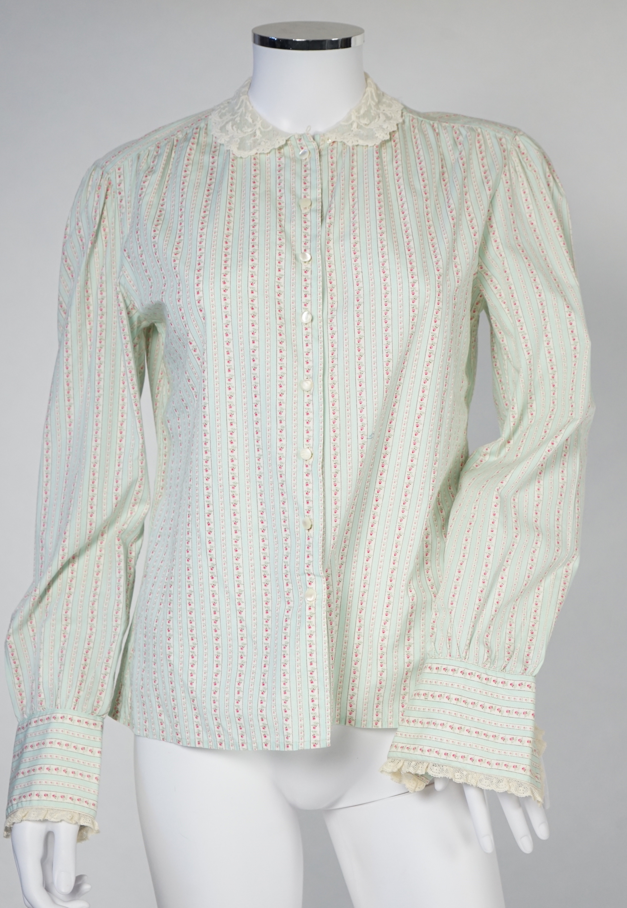 Two Ralph Lauren cotton blouses with lace detail, cream size 10, floral stripe size 8